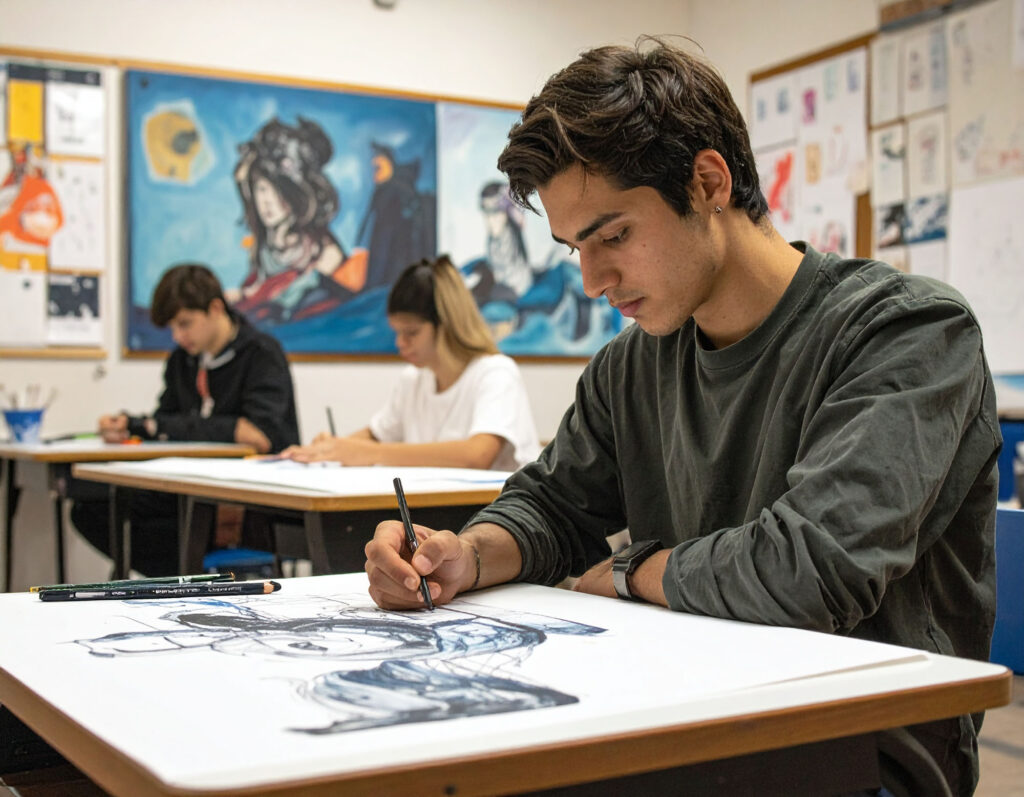 jeune qui dessine sur une table dans une salle de classe d'une école de design graphique